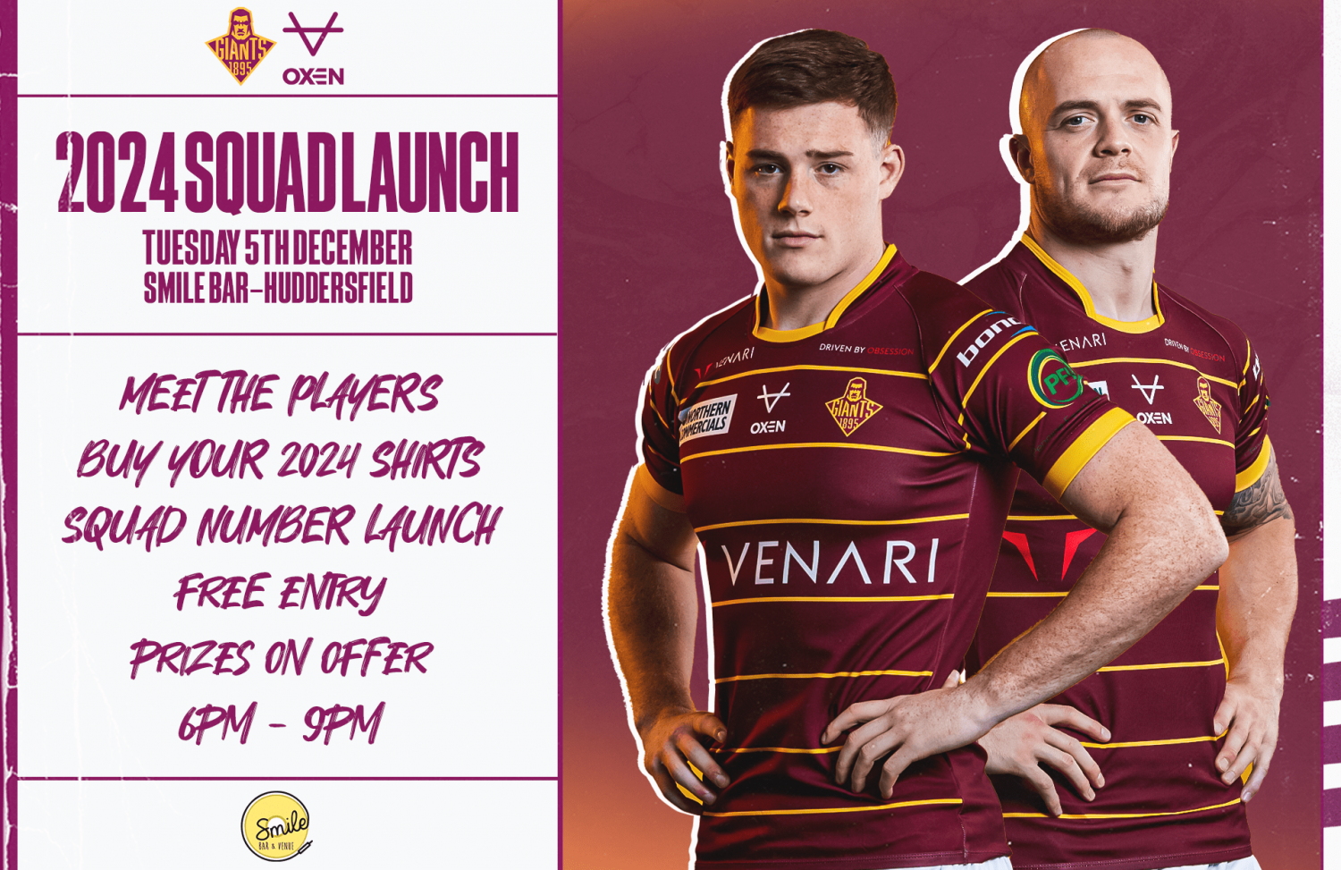 Huddersfield Giants Official 2024 Squad Number Launch @ Smile Bar & Venue