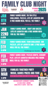 Family Club- social , games, crafting, quiz and meal.